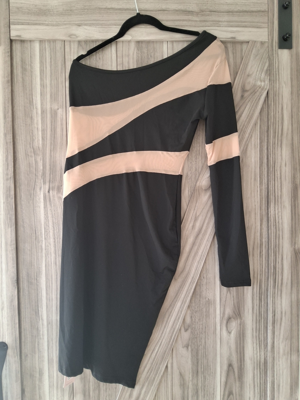 Asymmetric One-Shoulder Black and Nude Panel Dress